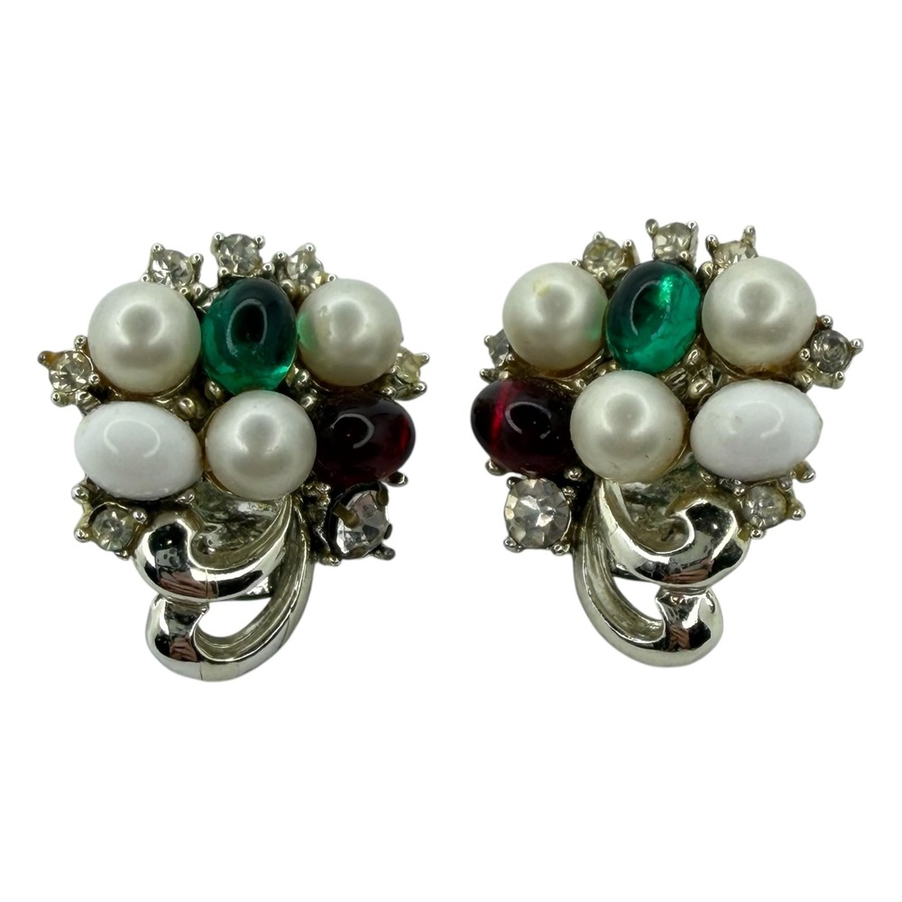Vintage Clip On Earrings Faux Pearl Glass Red GreenHoliday Vintage Cluster